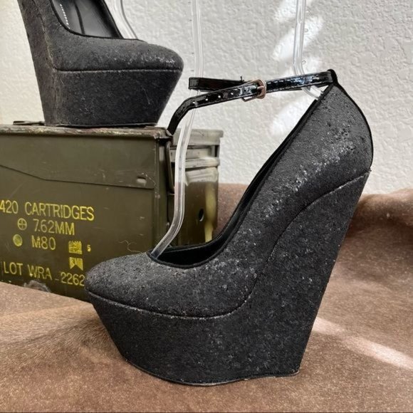 Giuseppe Zanotti Glitter Suede Platform Wedge Ankle Strap High Heels Pumps - Picture 2 of 11